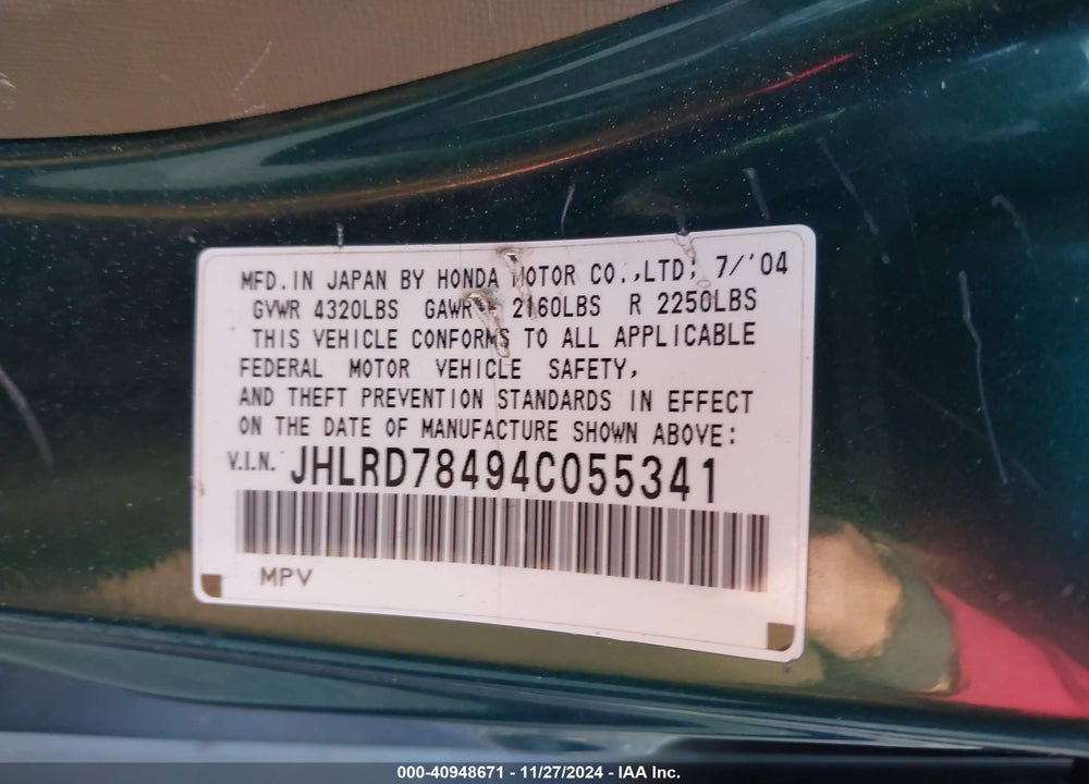 2004 HONDA CR-V LX VIN: JHLRD78494C055341