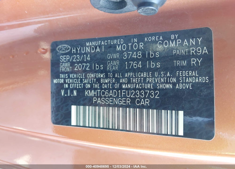 2015 HYUNDAI VELOSTER VIN: KMHTC6AD1FU233732