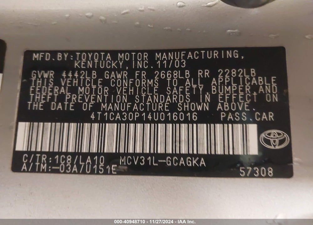 2004 TOYOTA CAMRY SOLARA SLE V6 VIN: 4T1CA30P14U016016