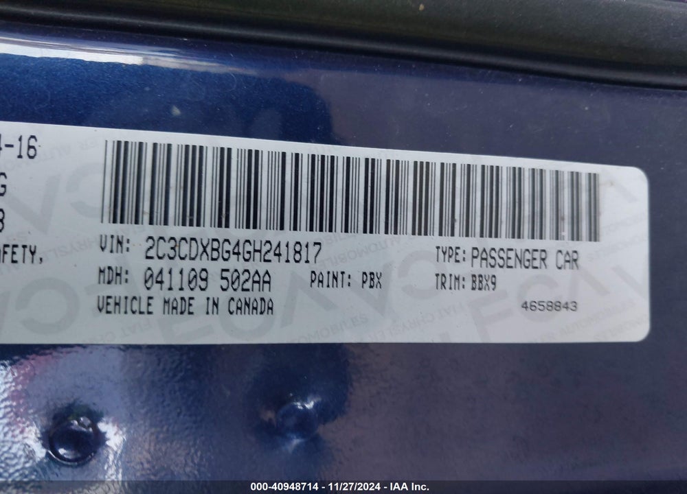 2016 DODGE CHARGER VIN: 2C3CDXBG4GH241817