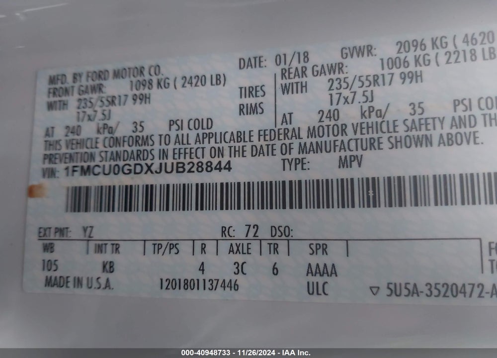 2018 FORD ESCAPE SE VIN: 1FMCU0GDXJUB28844