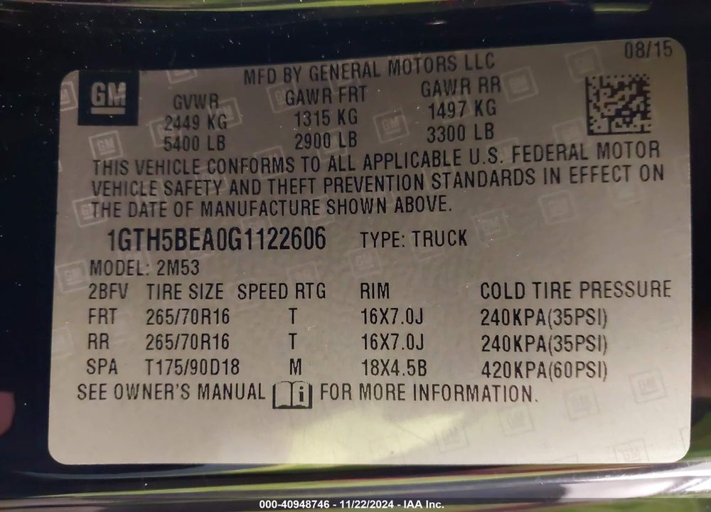 2016 GMC CANYON VIN: 1GTH5BEA0G1122606