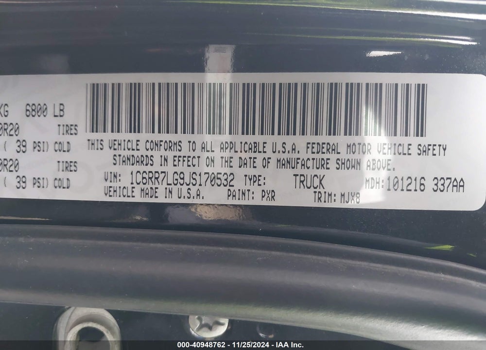 2018 RAM 1500 BIG HORN 4X4 5'7 BOX VIN: 1C6RR7LG9JS170532
