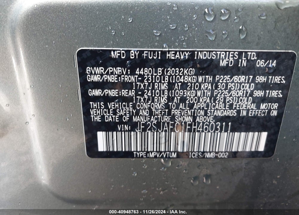 2015 SUBARU FORESTER 2.5I PREMIUM VIN: JF2SJAFC1FH460311