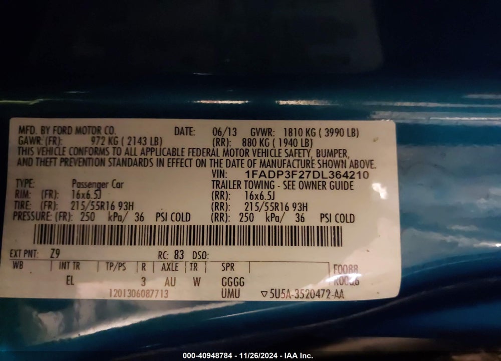 2013 FORD FOCUS SE VIN: 1FADP3F27DL364210