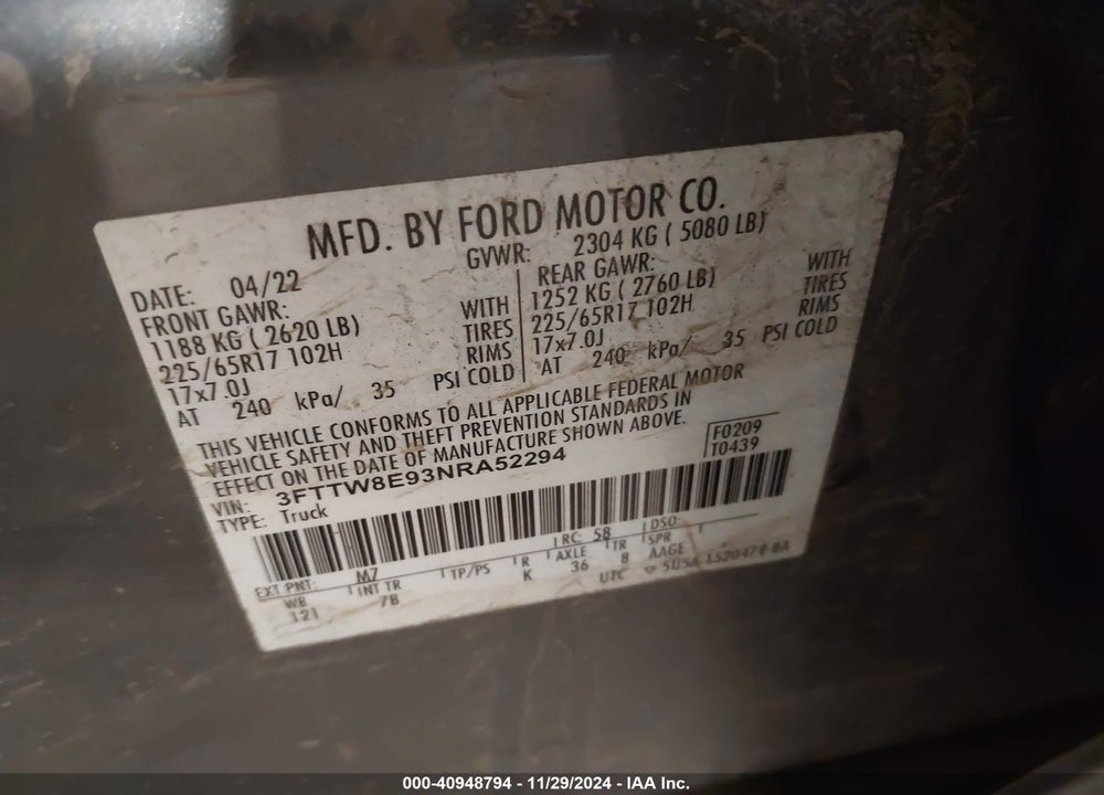 2022 FORD MAVERICK VIN: 3FTTW8E93NRA52294