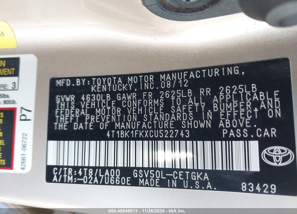 2012 TOYOTA CAMRY VIN: 4T1BK1FKXCU522743
