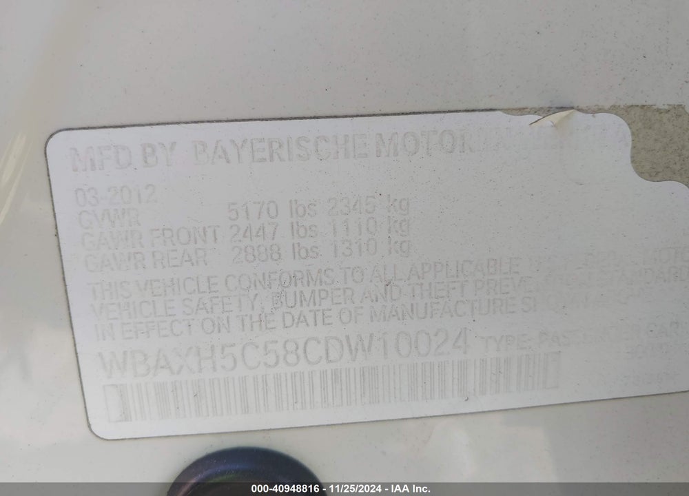 2012 BMW 528I XDRIVE VIN: WBAXH5C58CDW10024