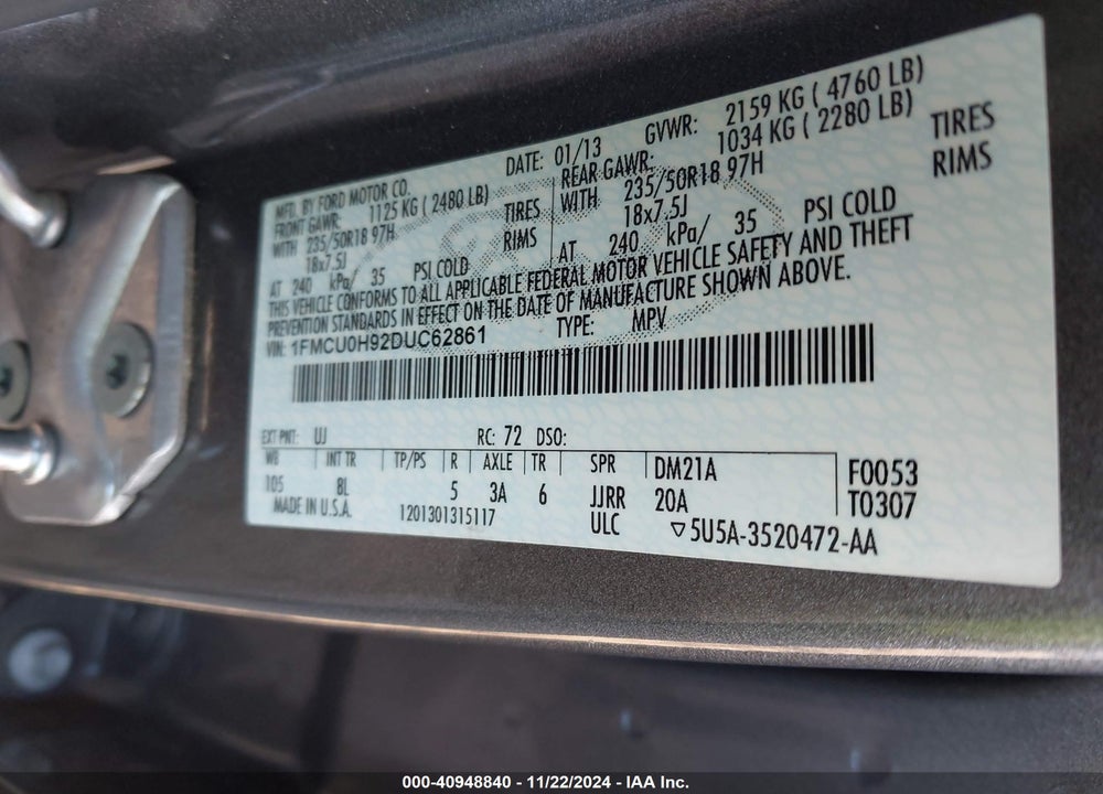 2013 FORD ESCAPE SEL VIN: 1FMCU0H92DUC62861