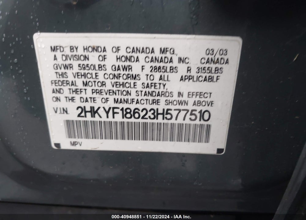 2003 HONDA PILOT EX-L VIN: 2HKYF18623H577510