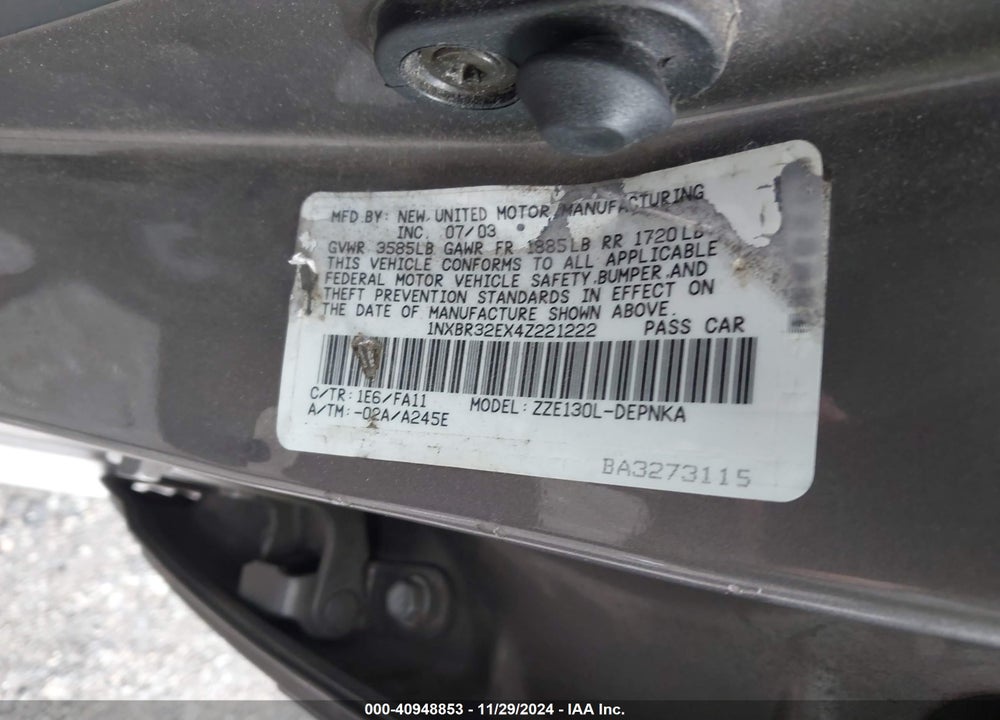 2004 TOYOTA COROLLA LE VIN: 1NXBR32EX4Z221222