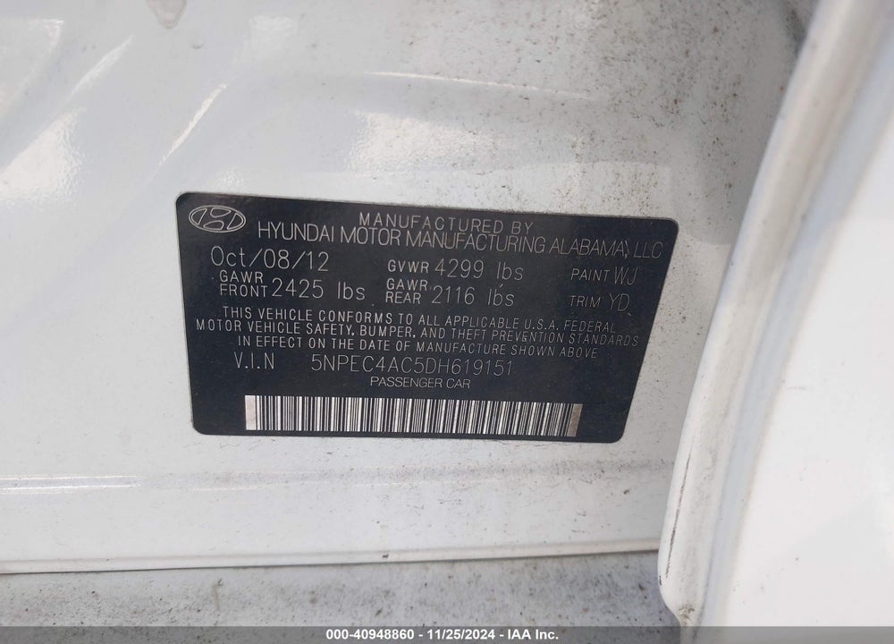 2013 HYUNDAI SONATA LIMITED VIN: 5NPEC4AC5DH619151