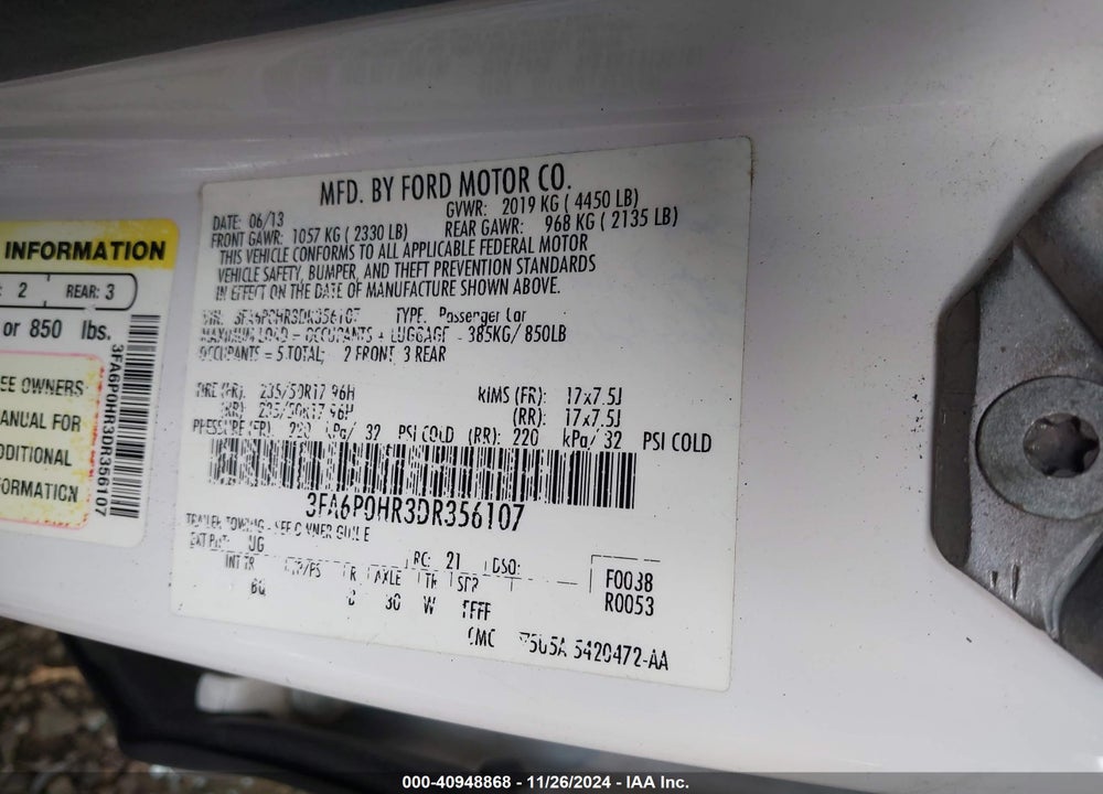 2013 FORD FUSION SE VIN: 3FA6P0HR3DR356107