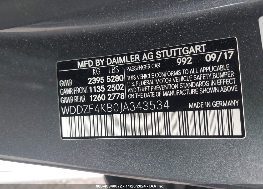 2018 MERCEDES-BENZ E 300 VIN: WDDZF4KB0JA343534