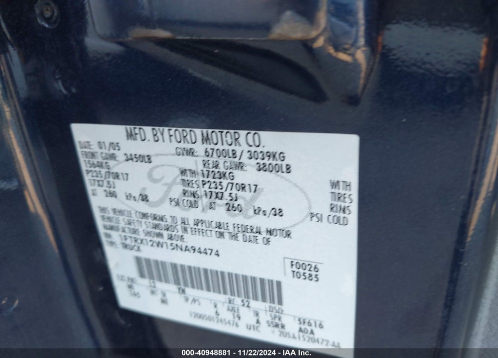 2005 FORD F-150 STX/XL/XLT VIN: 1FTRX12W15NA94474