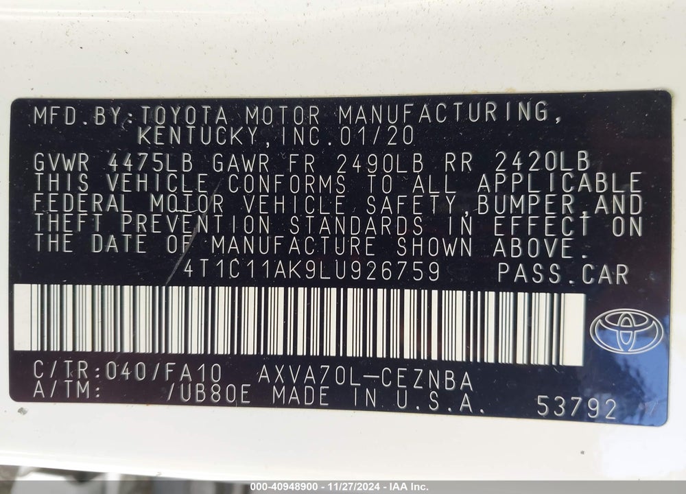 2020 TOYOTA CAMRY LE VIN: 4T1C11AK9LU926759