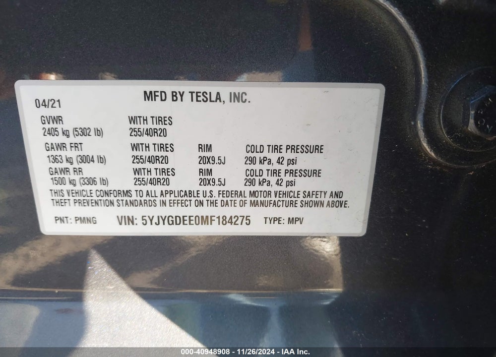2021 TESLA MODEL Y LONG RANGE DUAL MOTOR ALL-WHEEL DRIVE VIN: 5YJYGDEE0MF184275