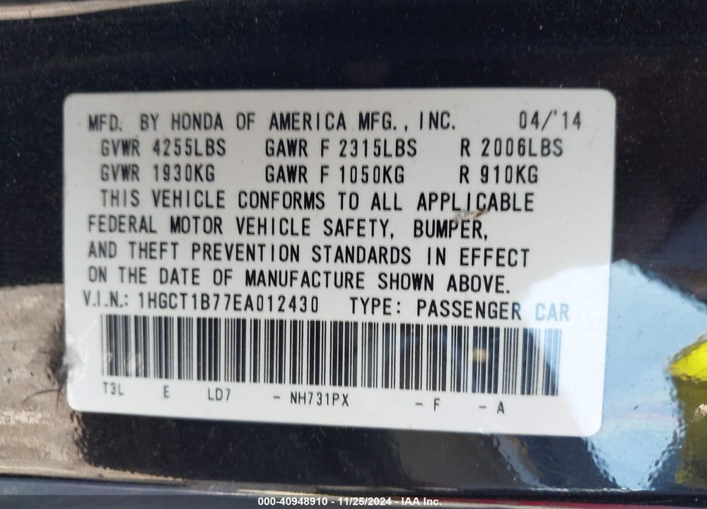 2014 HONDA ACCORD VIN: 1HGCT1B77EA012430