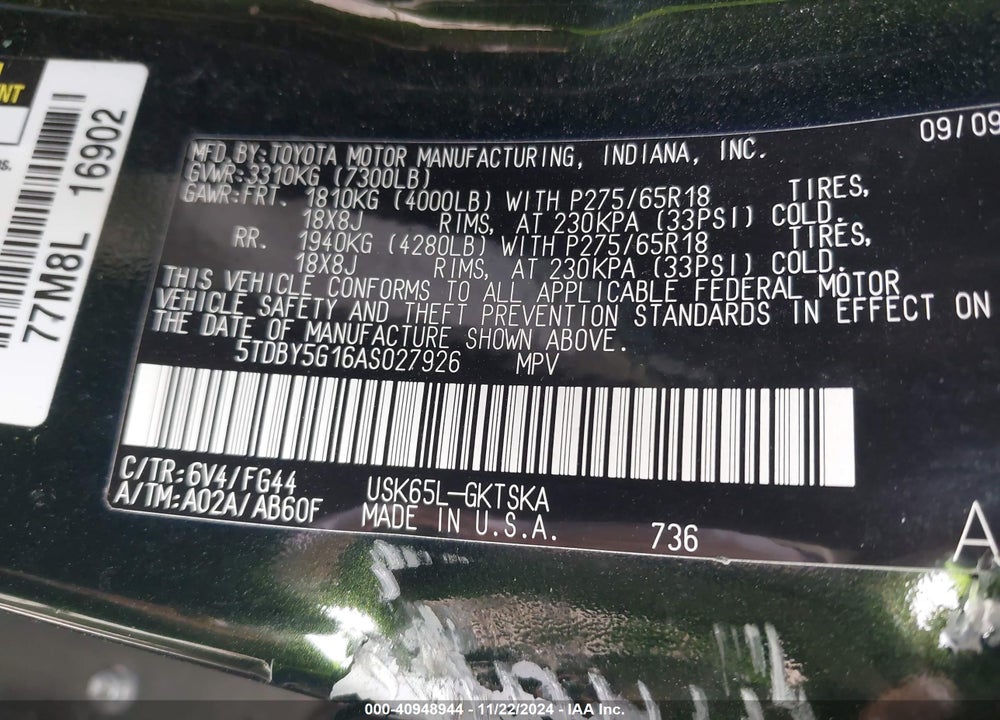 2010 TOYOTA SEQUOIA SR5 5.7L V8 VIN: 5TDBY5G16AS027926