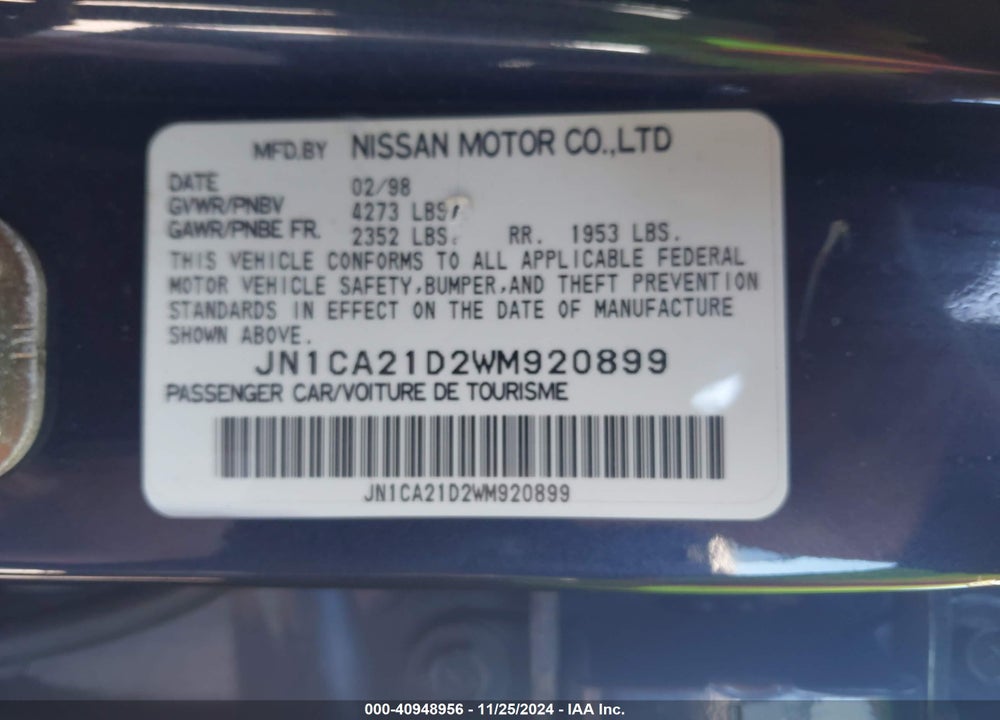 1998 NISSAN MAXIMA GLE/GXE/SE VIN: JN1CA21D2WM920899