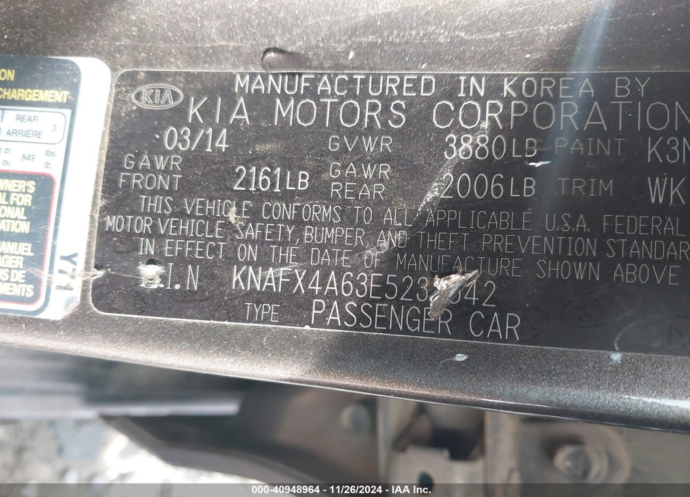 2014 KIA FORTE LX VIN: KNAFX4A63E5237542