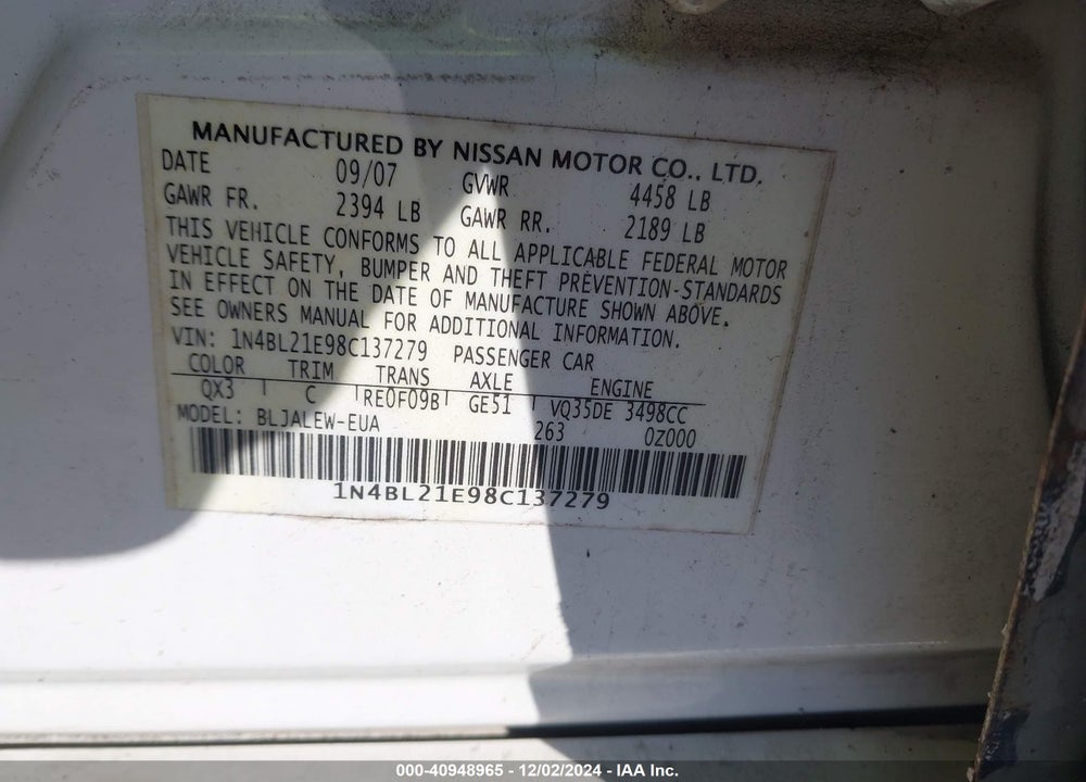 2008 NISSAN ALTIMA 3.5 SL VIN: 1N4BL21E98C137279