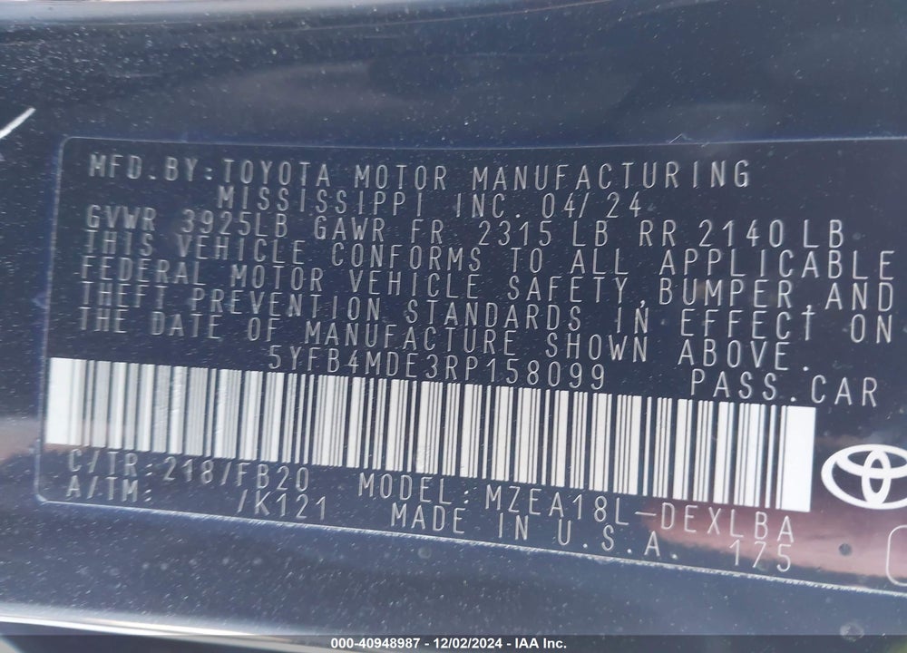 2024 TOYOTA COROLLA LE VIN: 5YFB4MDE3RP158099
