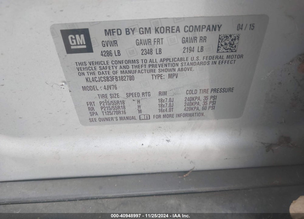 2015 BUICK ENCORE LEATHER VIN: KL4CJCSB3FB182780