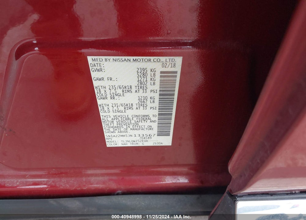 2018 NISSAN MURANO SV VIN: 5N1AZ2MH5JN133567