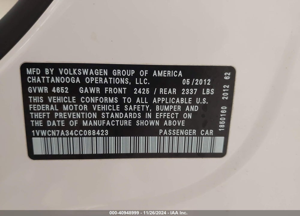 2012 VOLKSWAGEN PASSAT 2.0L TDI SEL PREMIUM VIN: 1VWCN7A34CC088423
