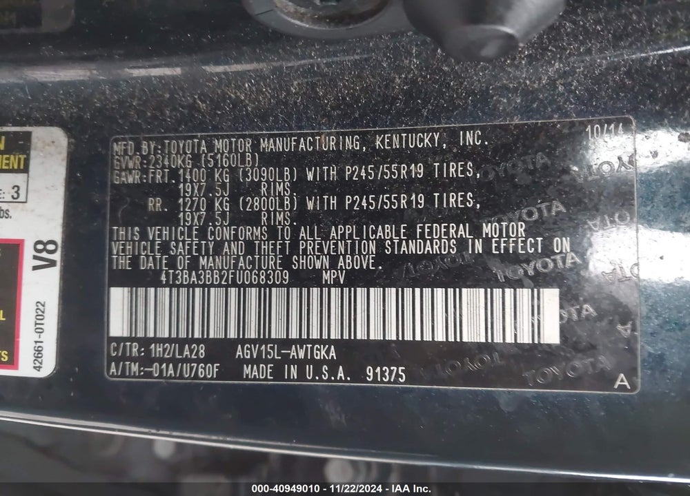 2015 TOYOTA VENZA XLE VIN: 4T3BA3BB2FU068309