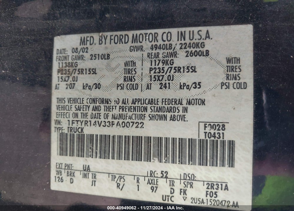 2003 FORD RANGER EDGE/TREMOR/XL/XLT VIN: 1FTYR14V33PA00722