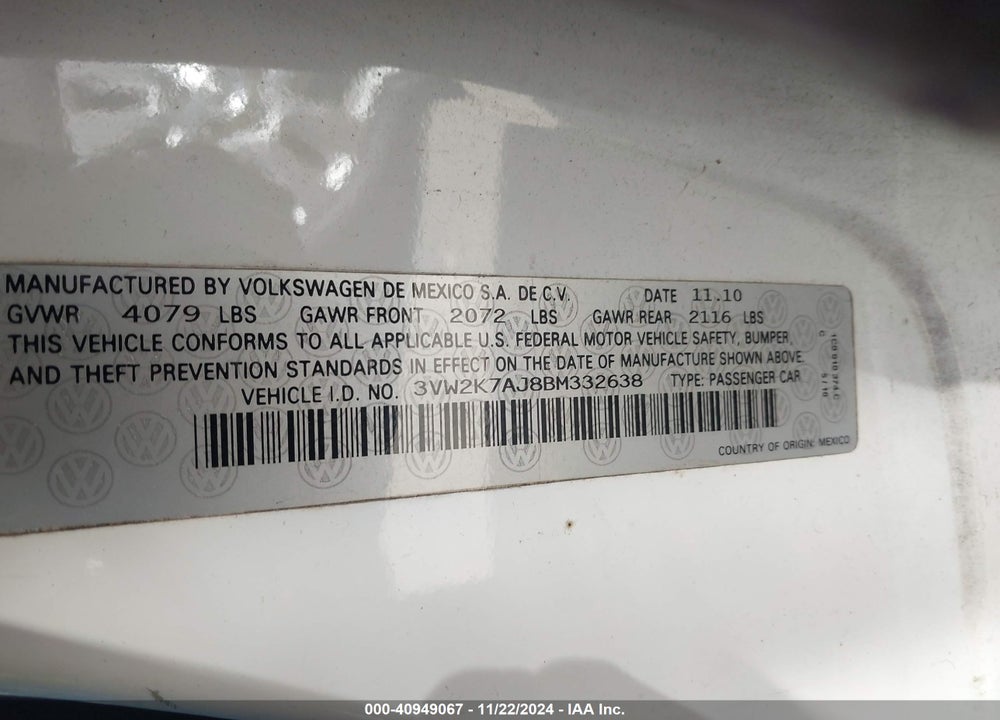 2011 VOLKSWAGEN JETTA 2.0L S VIN: 3VW2K7AJ8BM332638