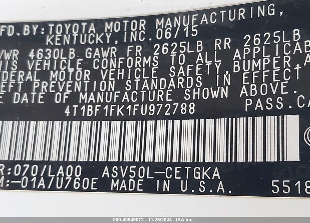 2015 TOYOTA CAMRY XLE VIN: 4T1BF1FK1FU972788