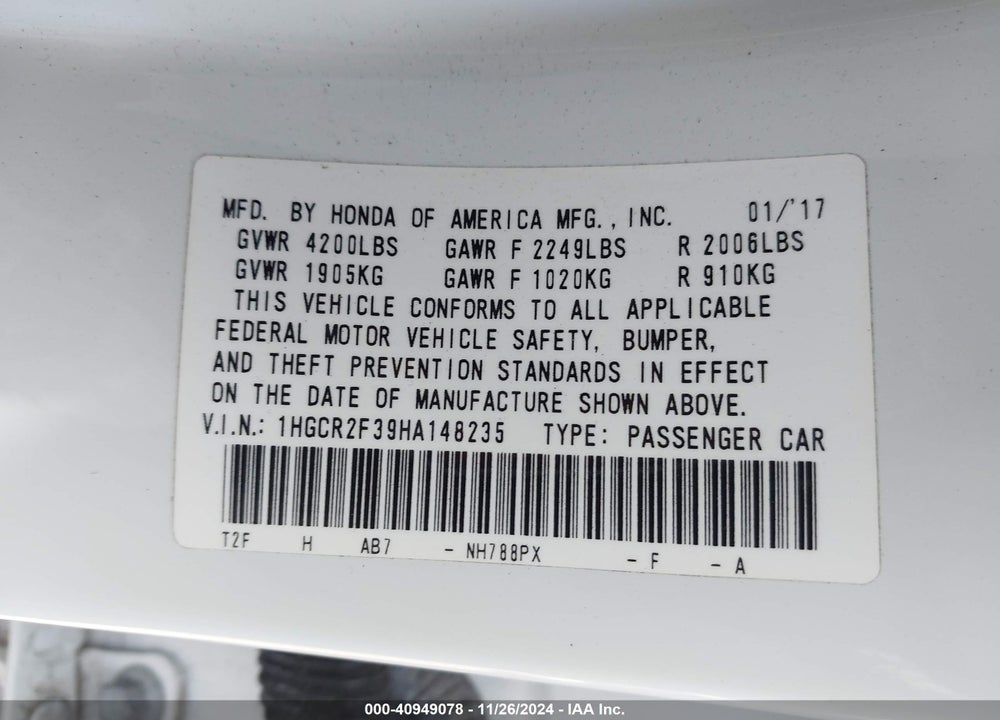 2017 HONDA ACCORD LX VIN: 1HGCR2F39HA148235