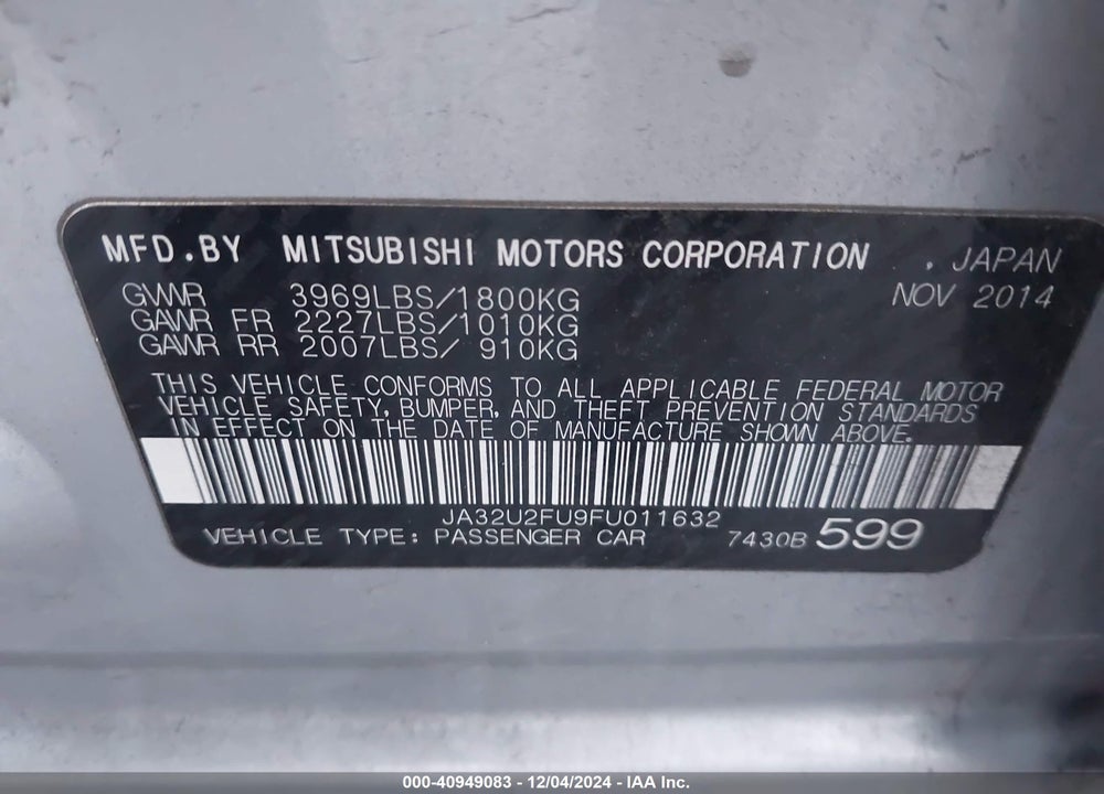 2015 MITSUBISHI LANCER ES VIN: JA32U2FU9FU011632