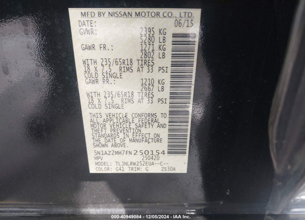 2015 NISSAN MURANO SL VIN: 5N1AZ2MH7FN250154