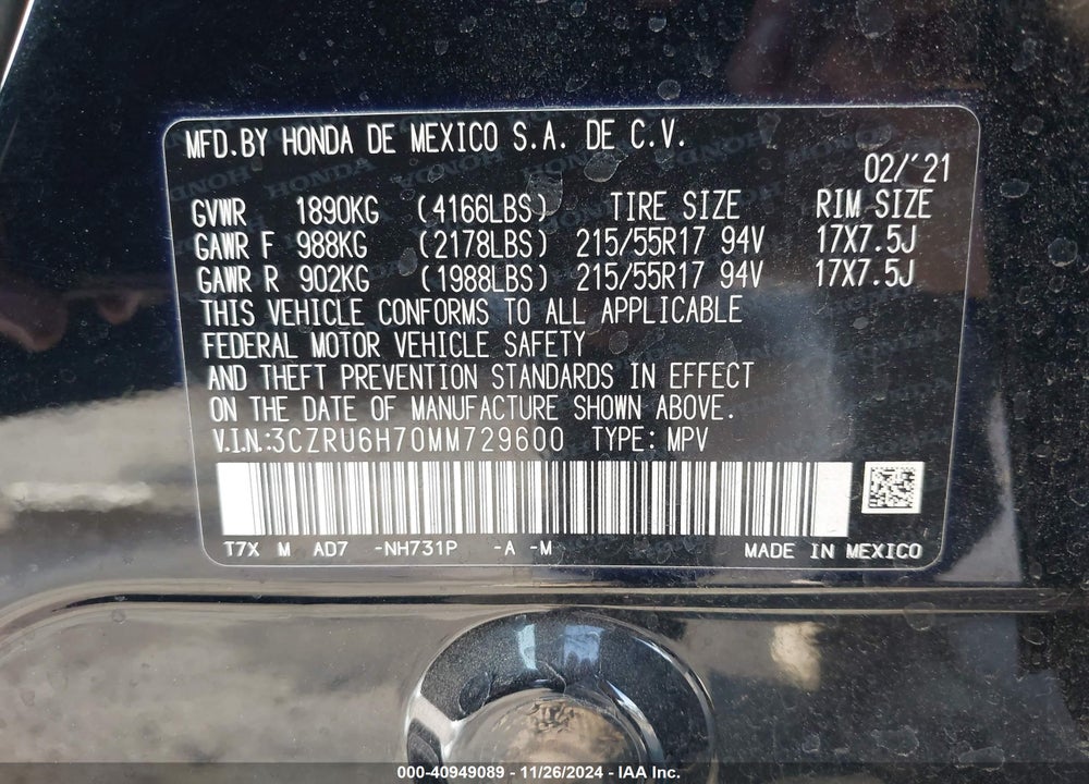 2021 HONDA HR-V AWD EX-L VIN: 3CZRU6H70MM729600