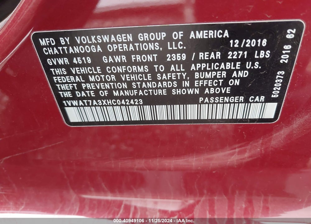 2017 VOLKSWAGEN PASSAT 1.8T S VIN: 1VWAT7A3XHC042423