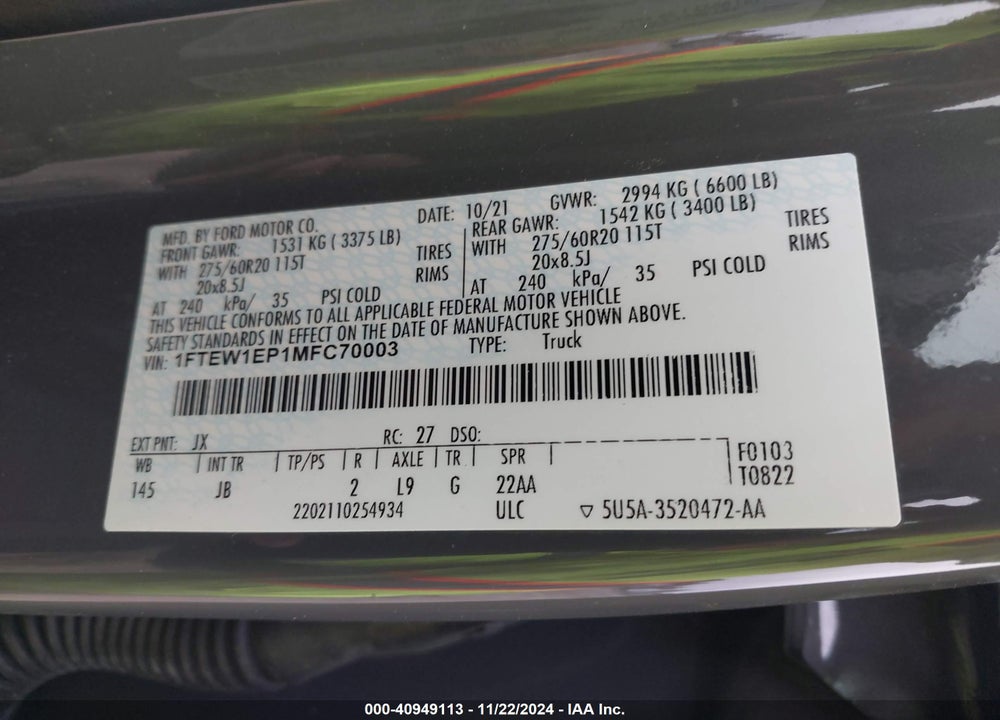 2021 FORD F-150 VIN: 1FTEW1EP1MFC70003