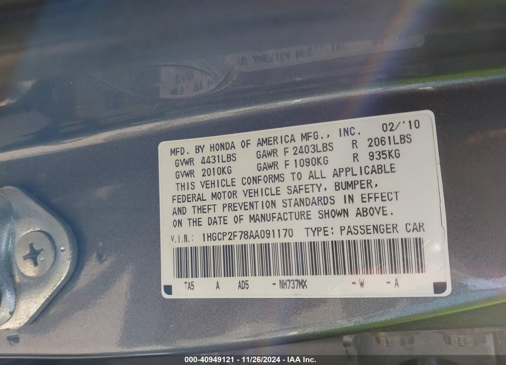 2010 HONDA ACCORD VIN: 1HGCP2F78AA091170