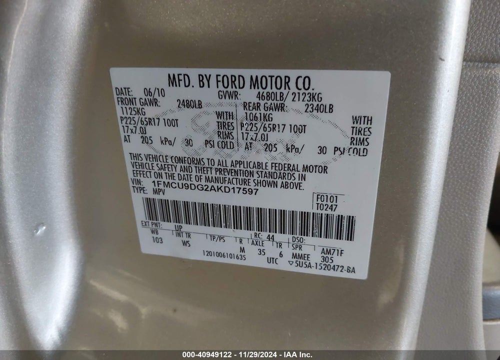 2010 FORD ESCAPE XLT VIN: 1FMCU9DG2AKD17597