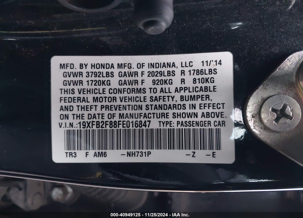 2015 HONDA CIVIC EX VIN: 19XFB2F88FE016847