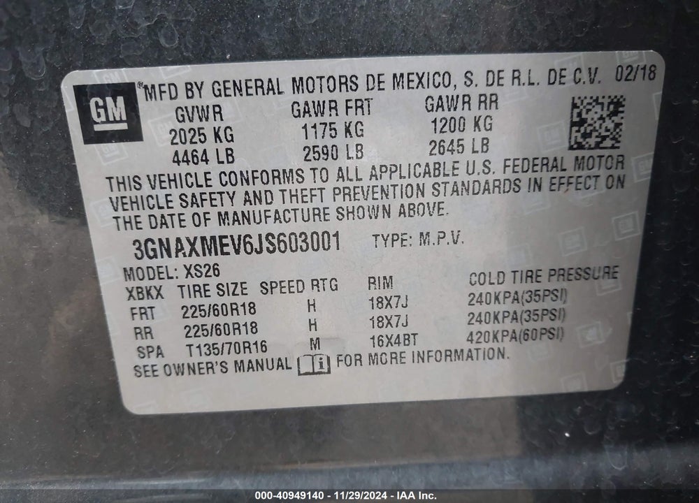 2018 CHEVROLET EQUINOX PREMIER VIN: 3GNAXMEV6JS603001