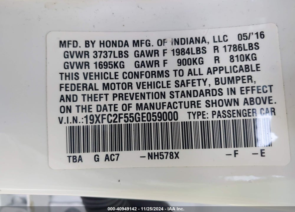 2016 HONDA CIVIC LX VIN: 19XFC2F55GE059000