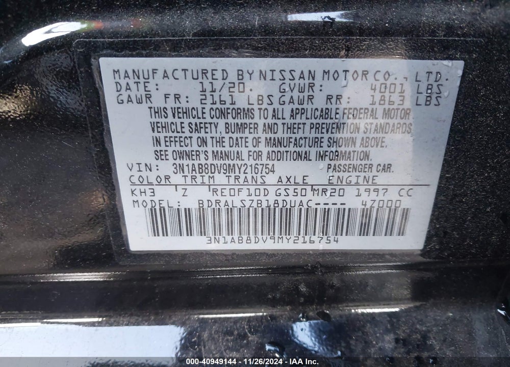 2021 NISSAN SENTRA VIN: 3N1AB8DV9MY216754