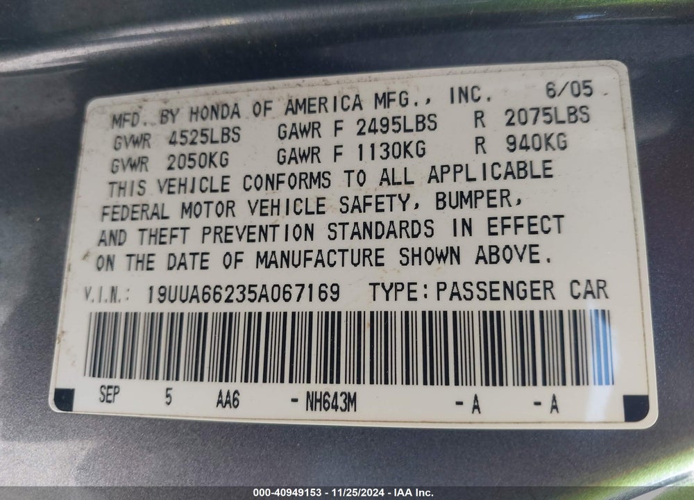 2005 ACURA TL BASE W/NAV SYSTEM (A5) VIN: 19UUA66235A067169