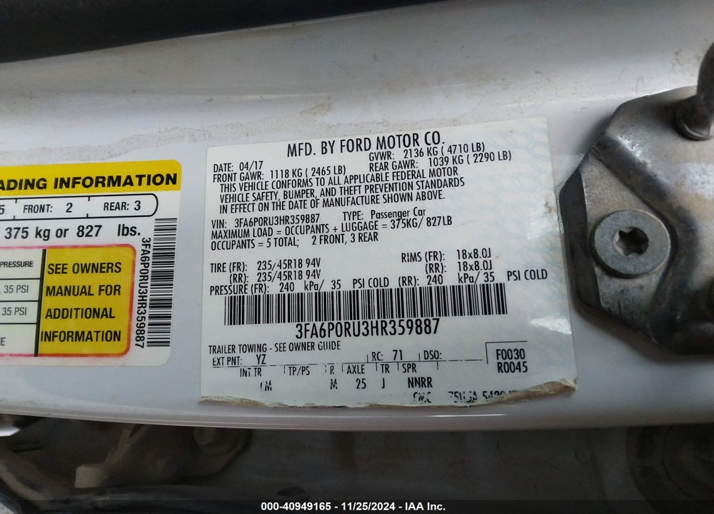 2017 FORD FUSION HYBRID TITANIUM VIN: 3FA6P0RU3HR359887