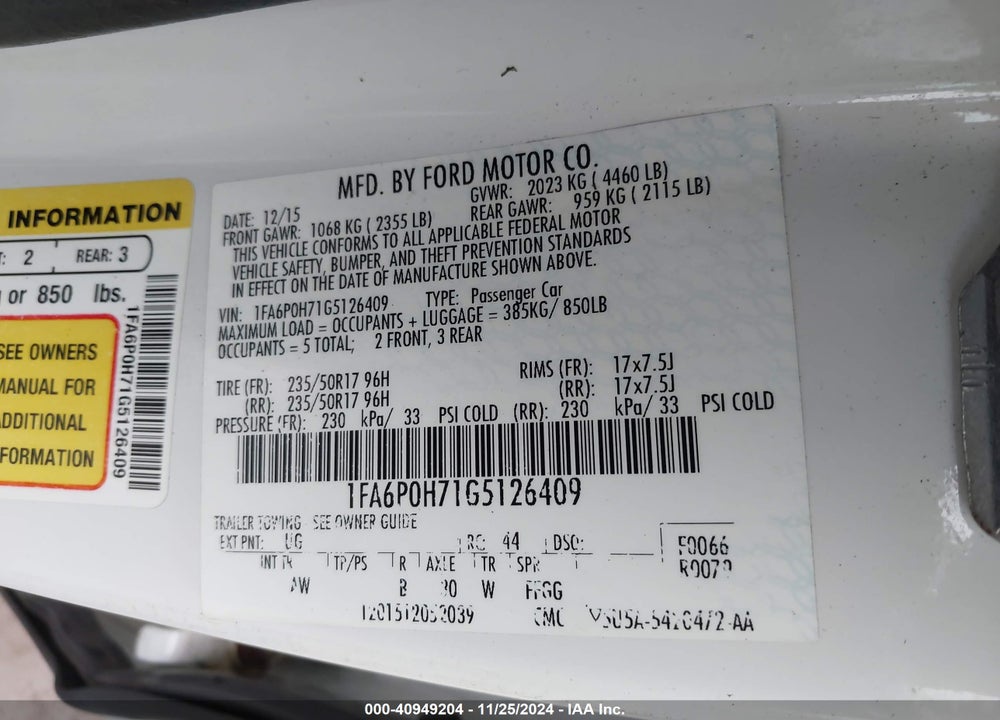2016 FORD FUSION SE VIN: 1FA6P0H71G5126409