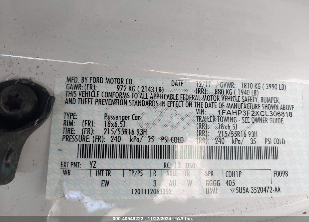 2012 FORD FOCUS SE VIN: 1FAHP3F2XCL306818